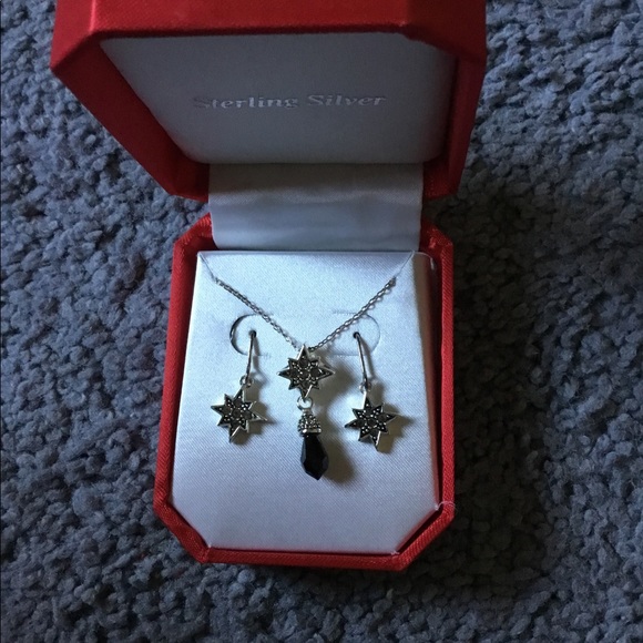 Jewelry - Sterling Silver Black Swarovski Crystal Necklace and Earring Set Red Gift Box